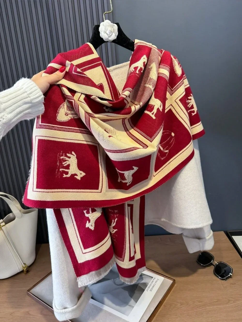 Red Elegant Women's horse Animal Jacquard Warm Scarf